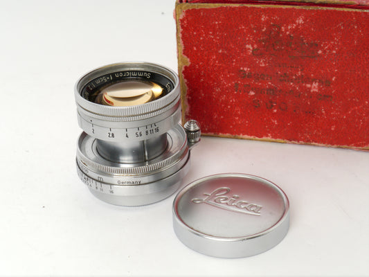 Leica Summicron M39 2/50 mm Art. SOOIC „Radioactive Thorium Glass“ – guter Zustand, mit orginal Leica Sonnenblende