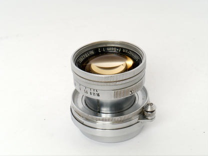 Leica Summicron M39 2/50 mm Art. SOOIC „Radioactive Thorium Glass“ – guter Zustand, mit orginal Leica Sonnenblende