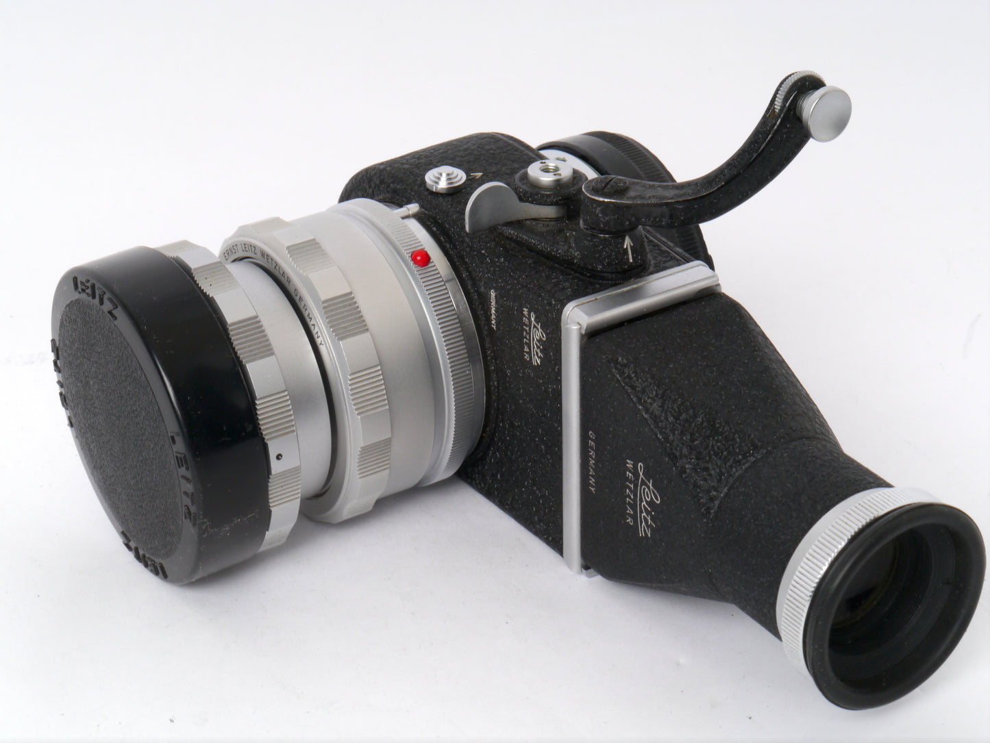 Leica Elmar 3,5/65 mm chrom mit Einstellschnecke Art. 16464 und Visoflex II mit 90° Lupe Art. OTVXO / 16461 – sehr guter Zustand