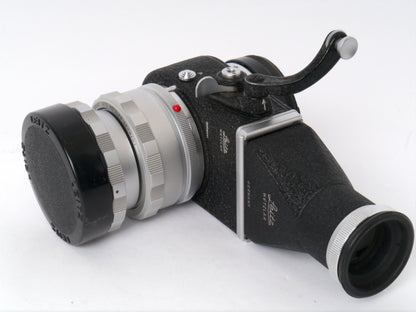 Leica Elmar 3,5/65 mm chrom mit Einstellschnecke Art. 16464 und Visoflex II mit 90° Lupe Art. OTVXO / 16461 – sehr guter Zustand