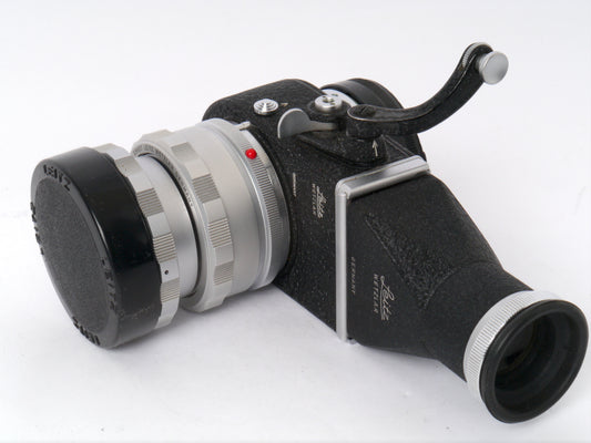 Leica Elmar 3,5/65 mm chrom mit Einstellschnecke Art. 16464 und Visoflex II mit 90° Lupe Art. OTVXO / 16461 – sehr guter Zustand