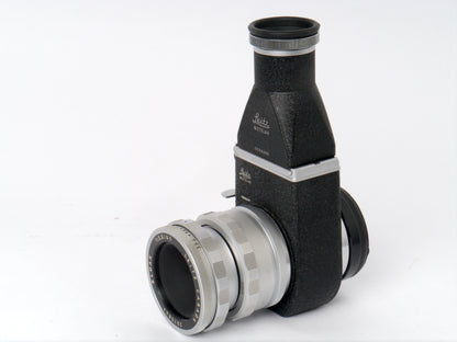 Leica Elmar 3,5/65 mm chrom mit Einstellschnecke Art. 16464 und Visoflex II mit 90° Lupe Art. OTVXO / 16461 – sehr guter Zustand