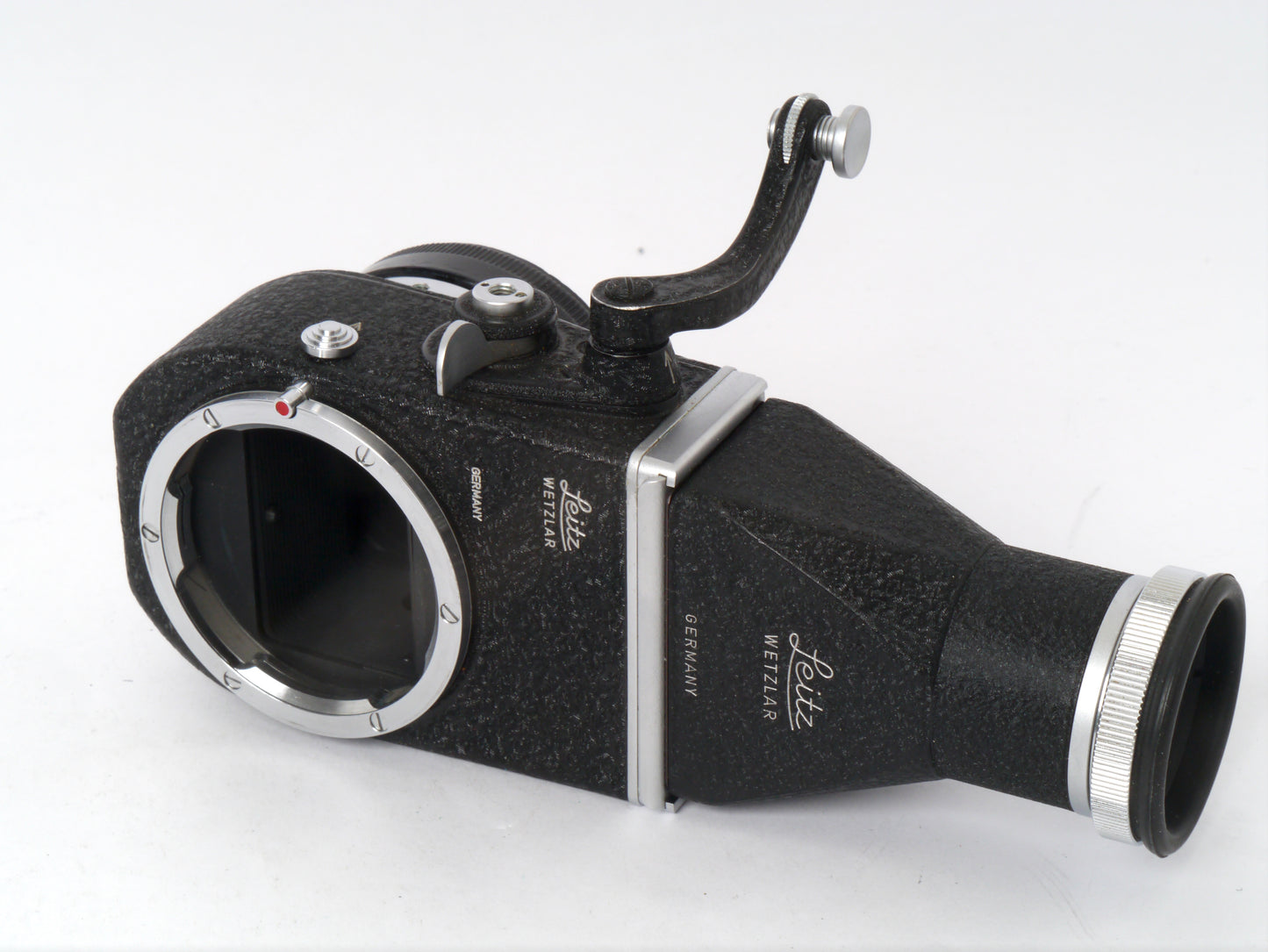 Leica Elmar 3,5/65 mm chrom mit Einstellschnecke Art. 16464 und Visoflex II mit 90° Lupe Art. OTVXO / 16461 – sehr guter Zustand