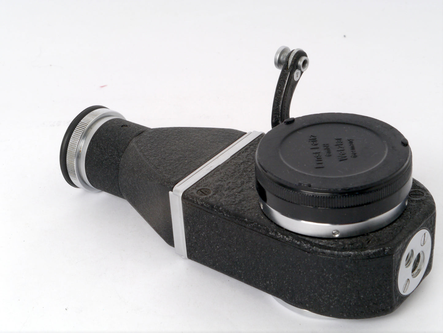 Leica Elmar 3,5/65 mm chrom mit Einstellschnecke Art. 16464 und Visoflex II mit 90° Lupe Art. OTVXO / 16461 – sehr guter Zustand