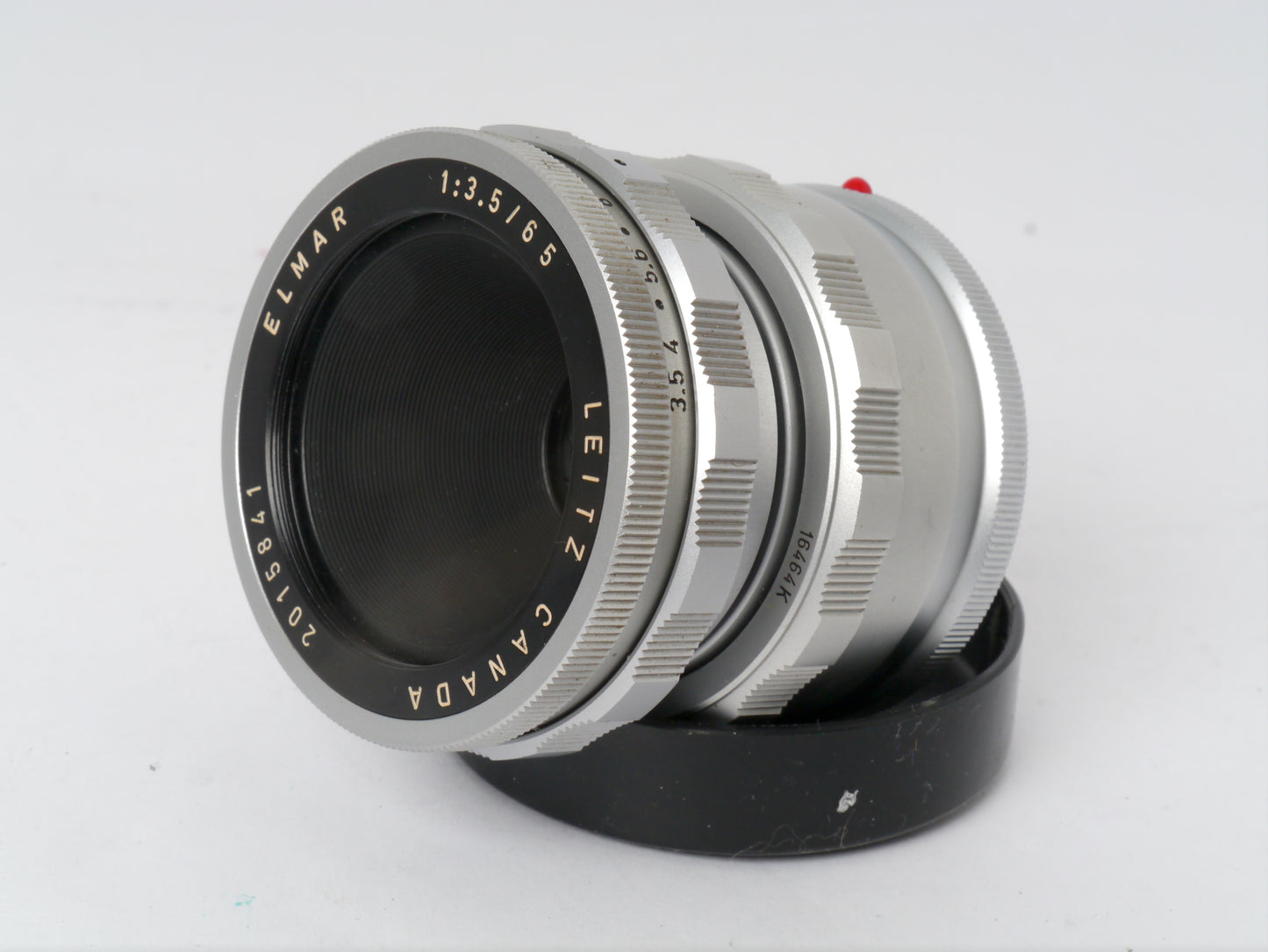 Leica Elmar 3,5/65 mm chrom mit Einstellschnecke Art. 16464 und Visoflex II mit 90° Lupe Art. OTVXO / 16461 – sehr guter Zustand