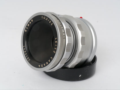 Leica Elmar 3,5/65 mm chrom mit Einstellschnecke Art. 16464 und Visoflex II mit 90° Lupe Art. OTVXO / 16461 – sehr guter Zustand