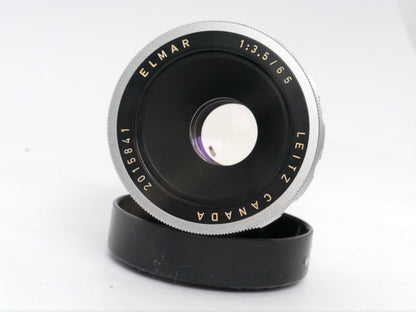 Leica Elmar 3,5/65 mm chrom mit Einstellschnecke Art. 16464 und Visoflex II mit 90° Lupe Art. OTVXO / 16461 – sehr guter Zustand