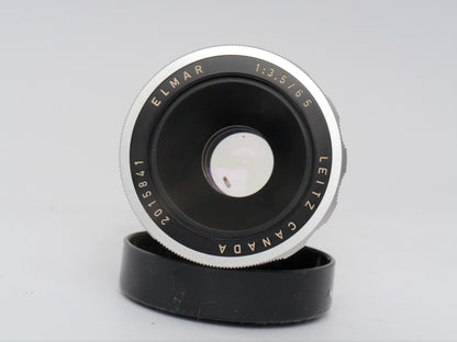 Leica Elmar 3,5/65 mm chrom mit Einstellschnecke Art. 16464 und Visoflex II mit 90° Lupe Art. OTVXO / 16461 – sehr guter Zustand
