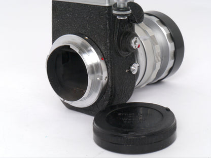 Leica Elmar 3,5/65 mm chrom mit Einstellschnecke Art. 16464 und Visoflex II mit 90° Lupe Art. OTVXO / 16461 – sehr guter Zustand
