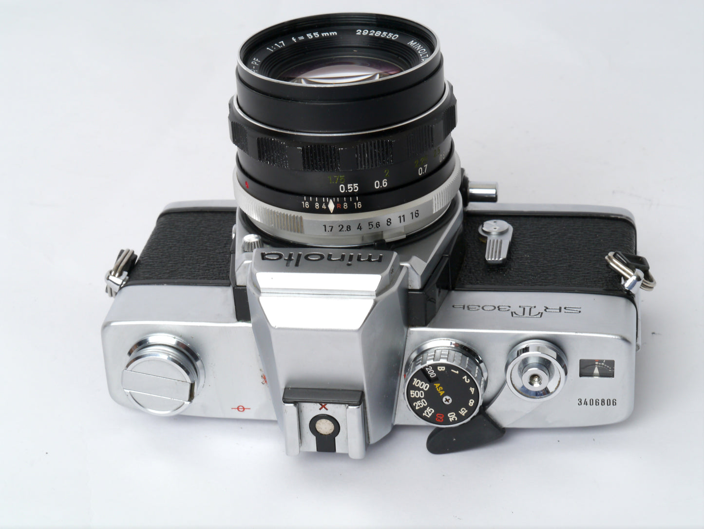 Minolta SRT 303 b Gehäuse chrom mit MC Rokkor-PF 1,7/ 55mm – guter Zustand