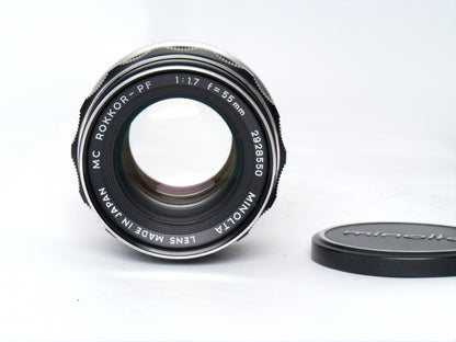 Minolta SRT 303 b Gehäuse chrom mit MC Rokkor-PF 1,7/ 55mm – guter Zustand