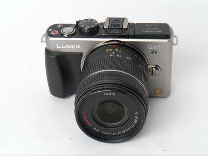 Panasonic Lumix DMC-GX1 Silber mit Lumix G VARIO 3,5-5,6/14-42mm ASPH. O.I.S. – sehr gut